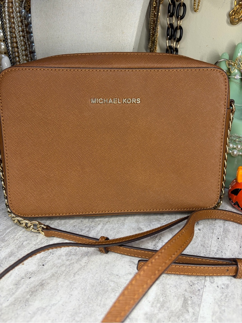 Michael Kors Saffiano Leather Crossbody Bag Brown/Tan Jet Set NWOT Purse